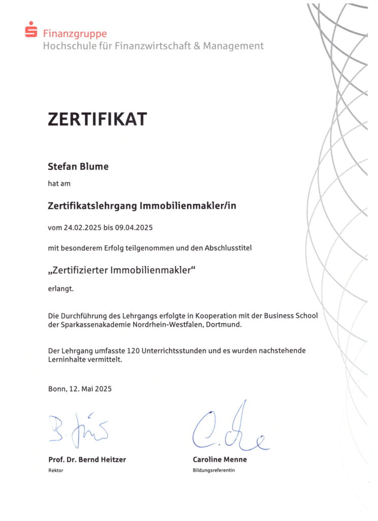 Urkunde Zertifizierter Immobilienmakler (HFM) – Fachkompetenz für Immobilienverkauf im Ruhrgebiet und Sauerland.