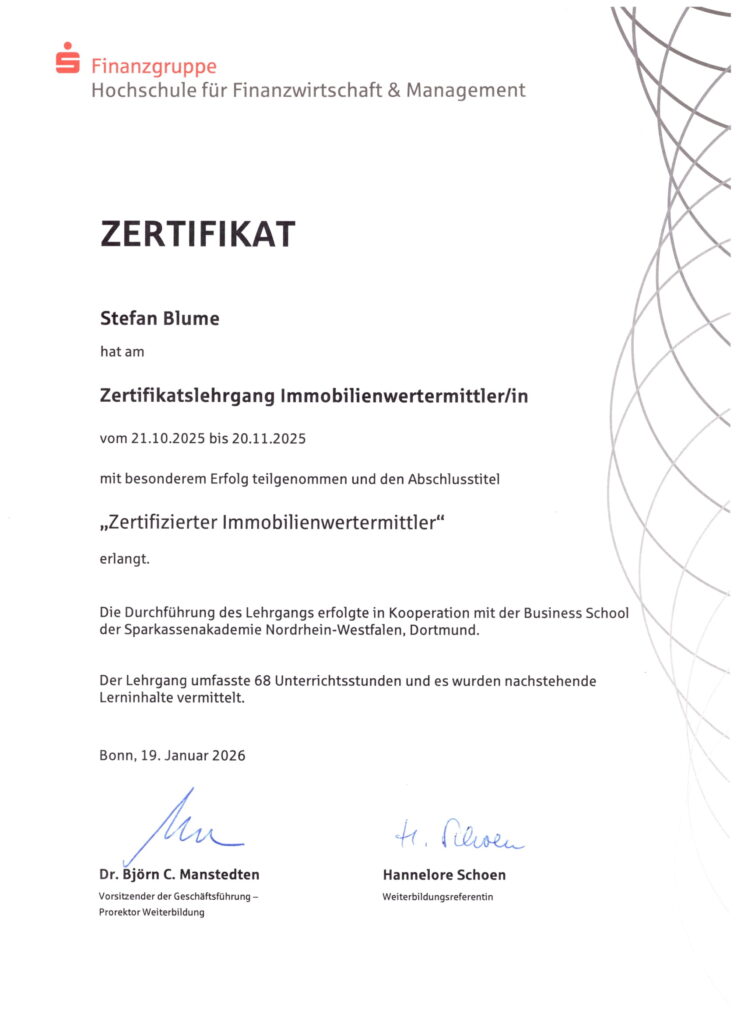 Urkunde Zertifizierter Immobilienwertermittler (HFM) – Qualifikationsnachweis für die professionelle Wertermittlung von Wohnimmobilien.
