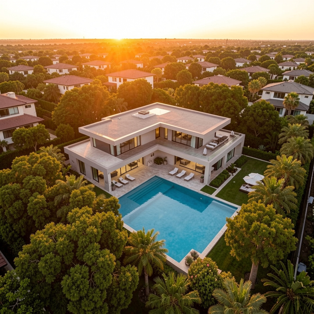 Luftaufnahme einer Villa mit Pool